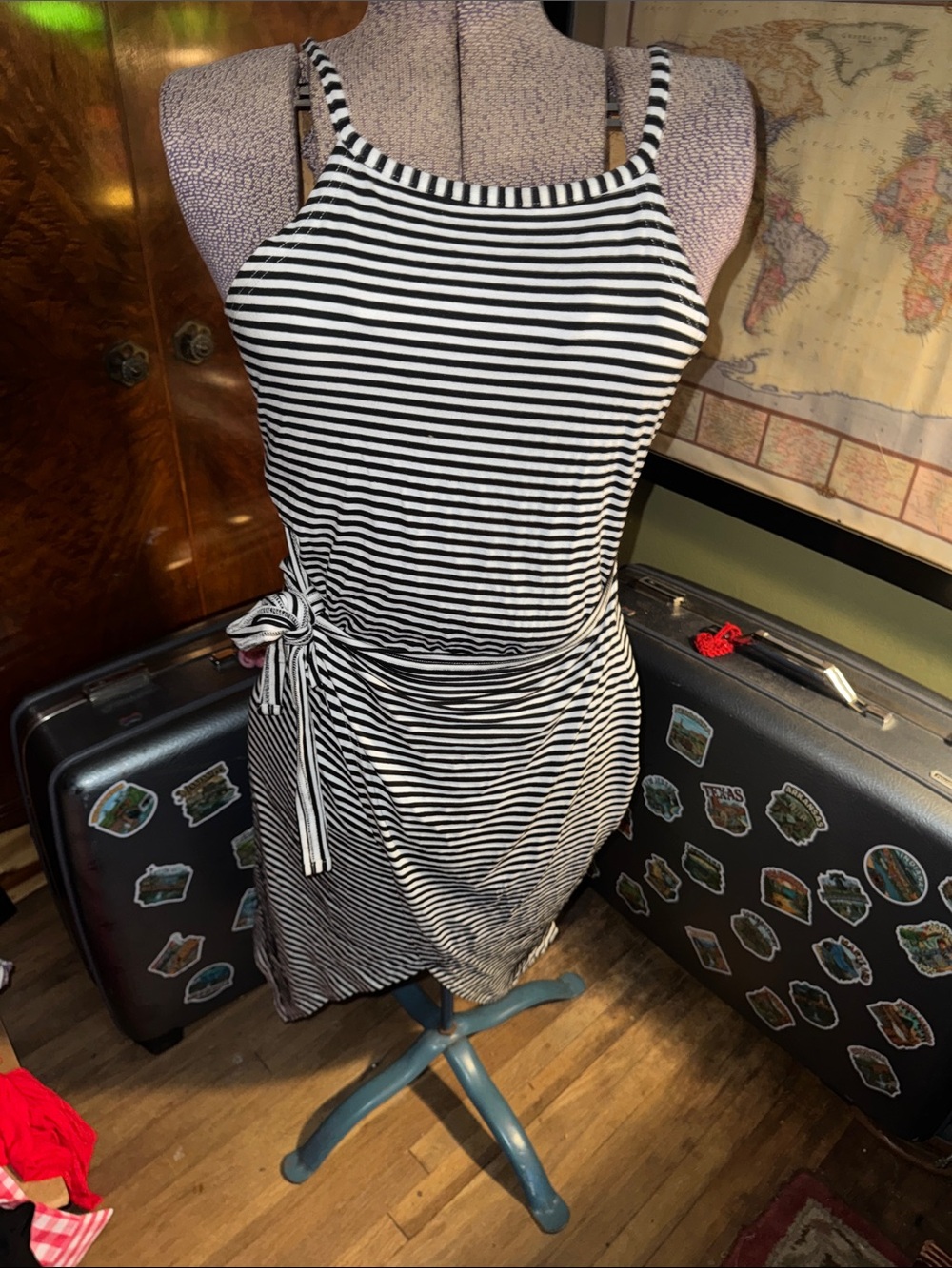 Classic Black and White Stripe Faux-Wrap Summer Dress Size Medium